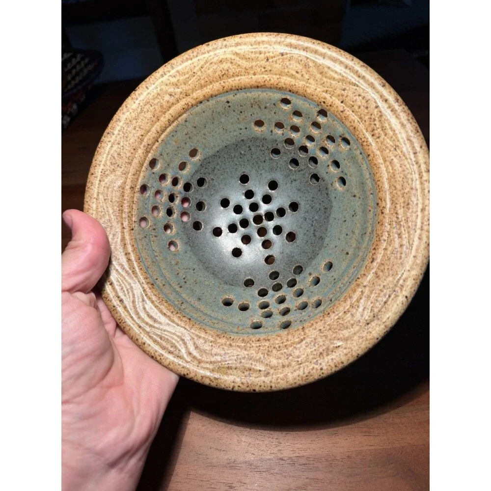 Paul Latos signed Speckled Ceramic Colander Berry Bowl, Tan/Blue, 8 in Diameter